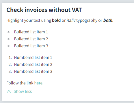 How can I format text in control descriptions and free fields?